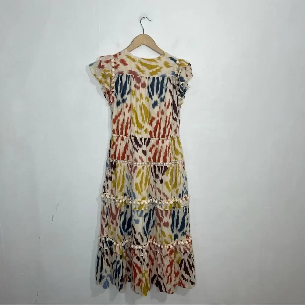 J. Crew Point Sur Tiered Pom Pom Midi Flutter Sleeve Cotton Ikat Dress Size 2